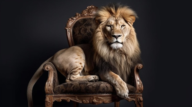 Lion sitting on an antique armchair in front of a dark background