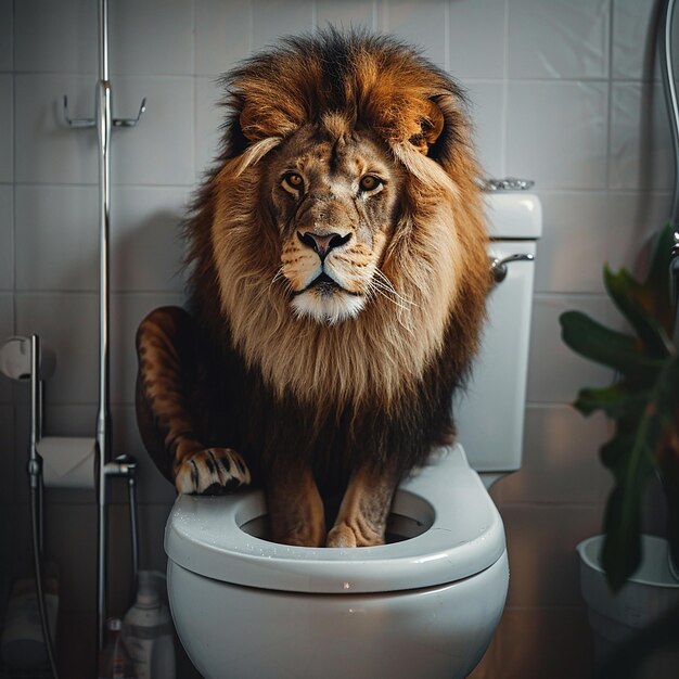 a lion sitting on the bathroom toilet doing its business while playing with an iphone 14