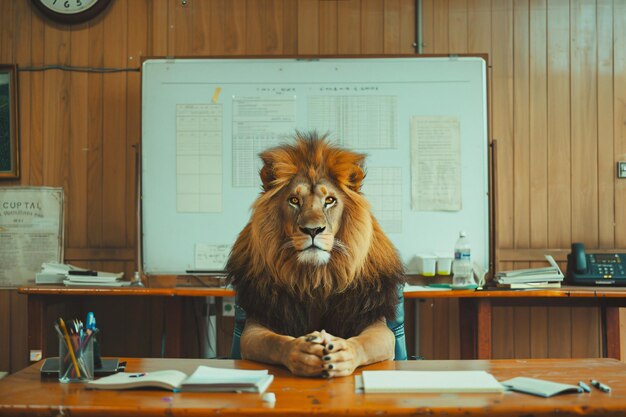 Photo lion sitting at an office desk with whiteboard background