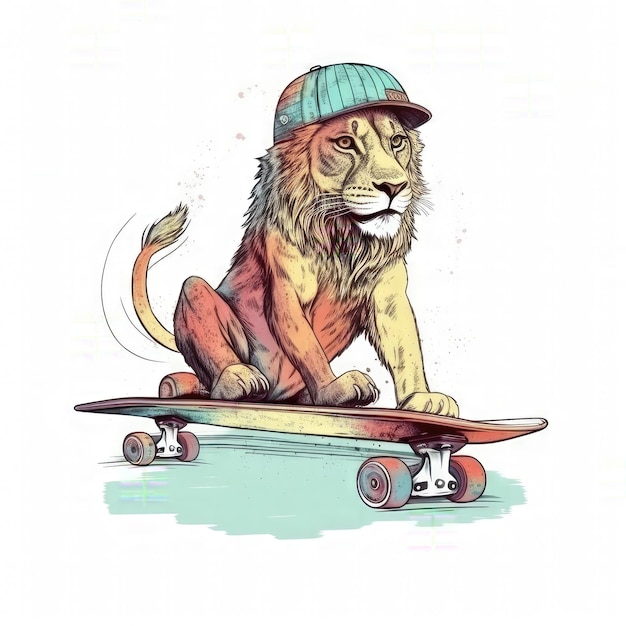 A lion on a skateboard with a hat that says'the lion '