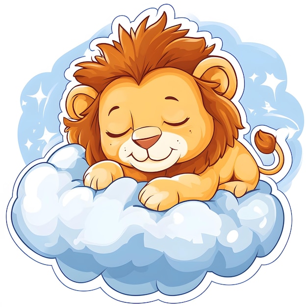 Photo a lion sleeping on a cloud with stars and a lion sleeping on it