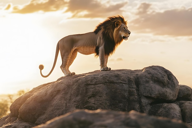 a lion standing on a rock with the sun behind it