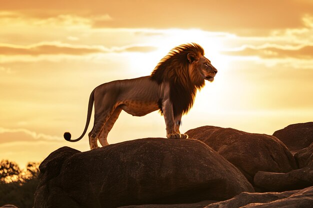 Photo a lion standing on rocks with the sun behind it