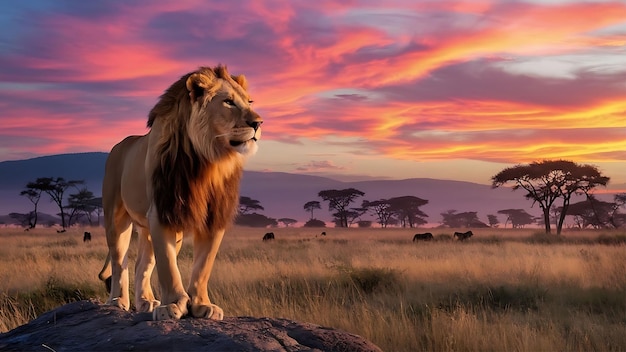 Photo a lion stands on a rock in front of a sunset