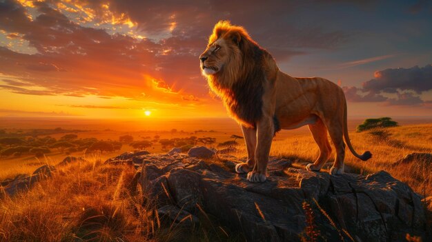 Photo a lion stands on a rock overlooking the savannah at sunrise with a dramatic sky and golden light illuminating the scene