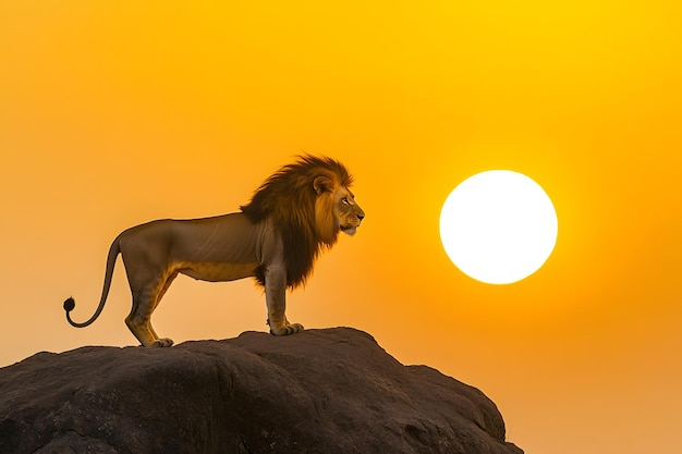 a lion stands on a rock with the sun behind it