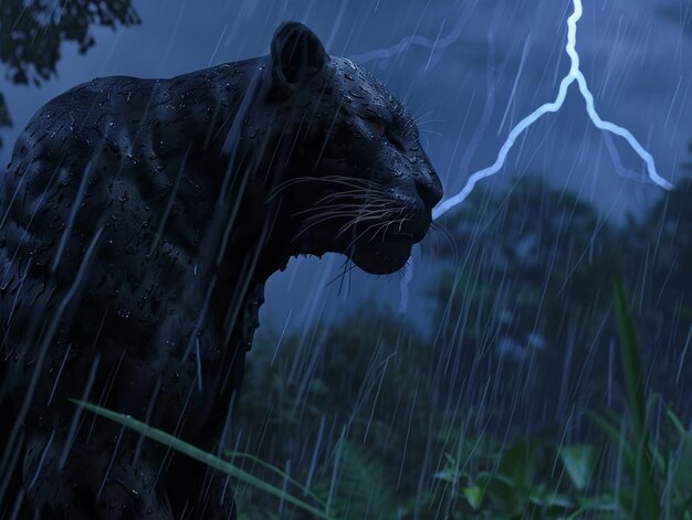 Photo a lion statue in the rain with lightning in the background