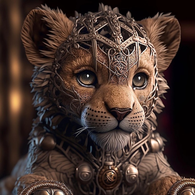 A lion statue with a silver chain around its neck and a silver necklace around it.