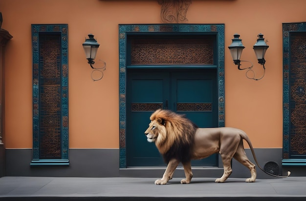 lion on the street with a door in the background