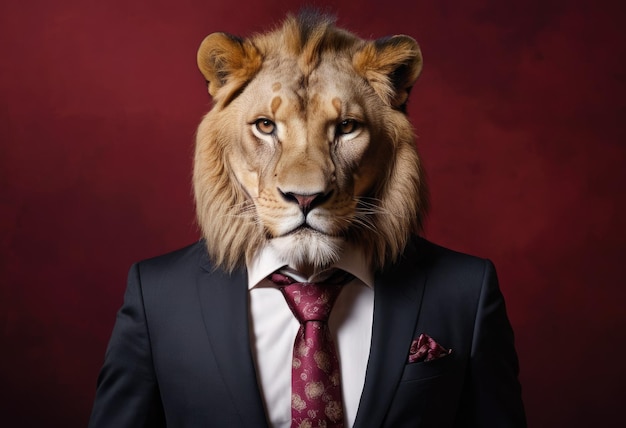 Photo lion in a suit over dark red background