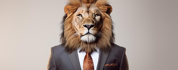 A Lion in a Suit Looking Directly at the Camera