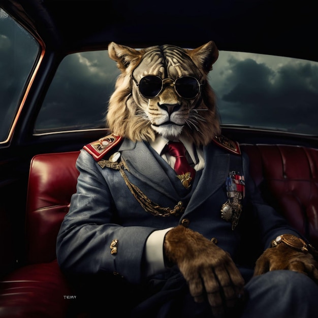 a lion in a suit sits in a car with a red tie