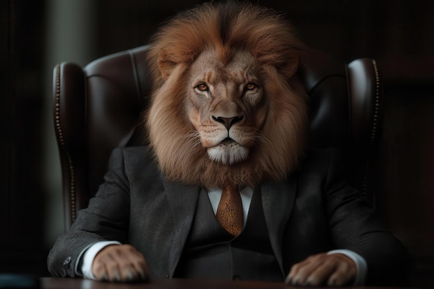 Photo lion in a suit sitting confidently in a modern office setting