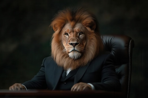 Photo lion in a suit sitting confidently in an office setting