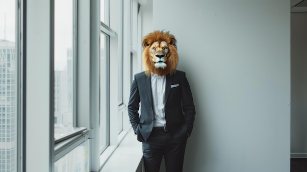 A Lion in a Suit Standing by a Window