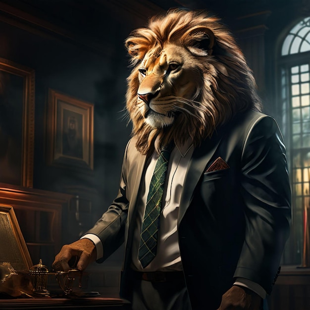 Photo a lion in a suit with a tie and a mirror