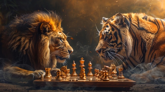 Lion and a tiger playing chess strategic planning concept