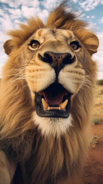 Lion touches camera taking selfie Funny selfie portrait of animal