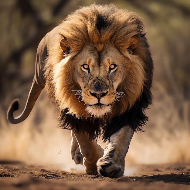 a lion walking on dirt