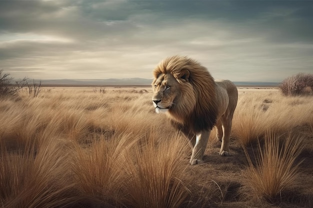 A lion walking in a field with a cloudy sky