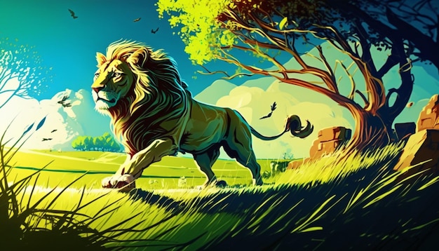 Lion walking on a lawn with an ocean in the background and a radiant sun