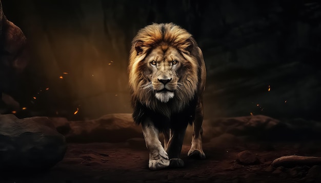 lion walking on the path with rocks in background