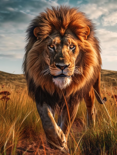 Lion walking through the grass wallpaper