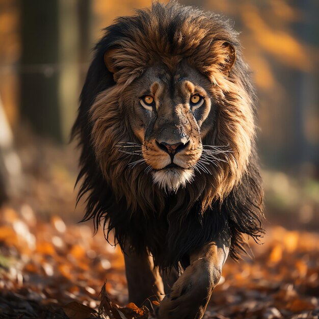 a lion walking through the woods