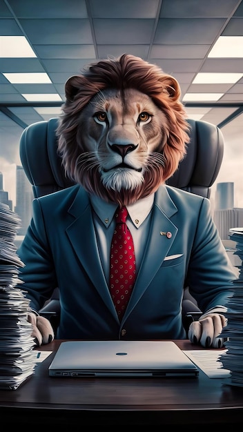 Photo lion wearing business suit in office man boss with head of animal