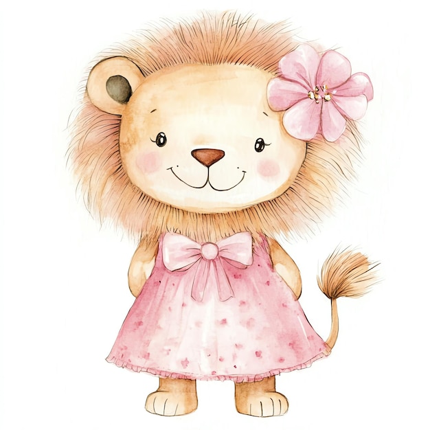 lion wearing cute pink dress nuresery watercolor