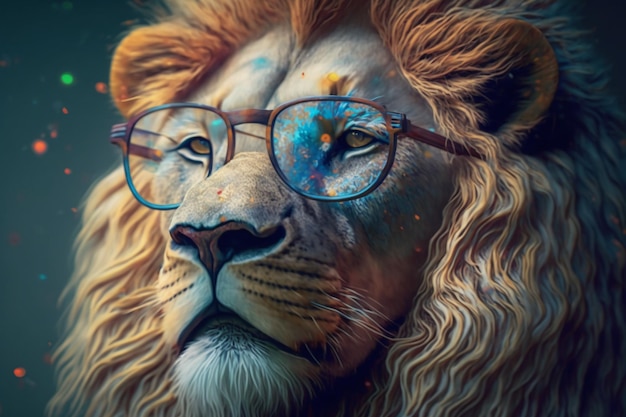 A lion wearing glasses and a blue and gold frame