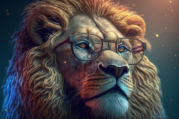 A lion wearing glasses with a light background