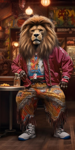 A lion wearing a jacket and pants sits on a table in front of a bar.