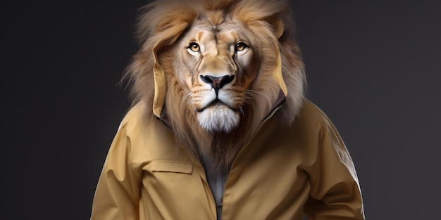 A lion wearing a jacket with a collar.