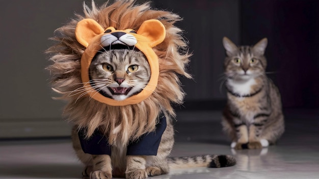 a lion wearing a lion mask and the lion on the right