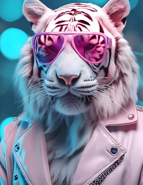 Photo a lion wearing a pink jacket with pink sunglasses and a tiger wearing a pink sunglasses