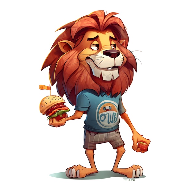 A lion wearing a shirt easting a burger