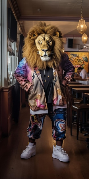 A lion wearing a shirt and pants stands in a bar.