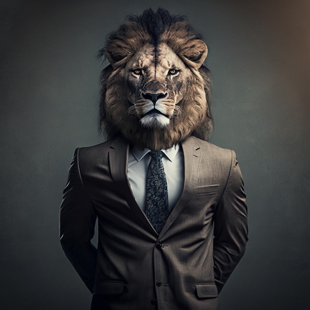 A lion wearing a suit and a suit with a shirt that says'lion'on it.