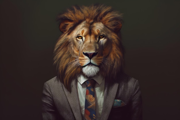 Lion wearing suit and tie with his head turned to the side Generative AI