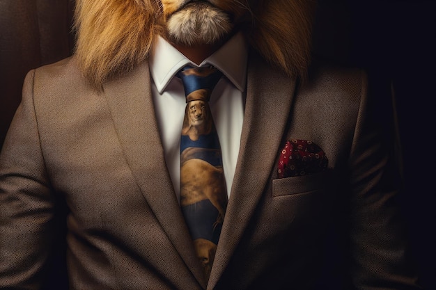 Lion wearing suit and tie with red pomegranate Generative AI