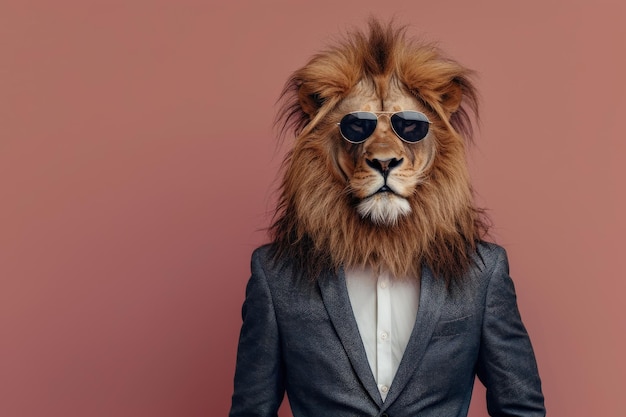 Photo a lion wearing sunglasses and a suit generative ai image