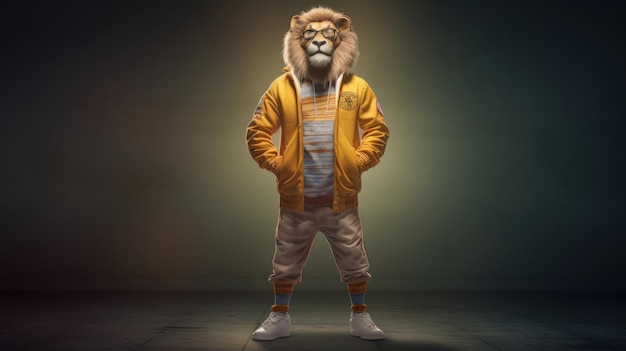 A lion wearing a yellow jacket with the word lion on it