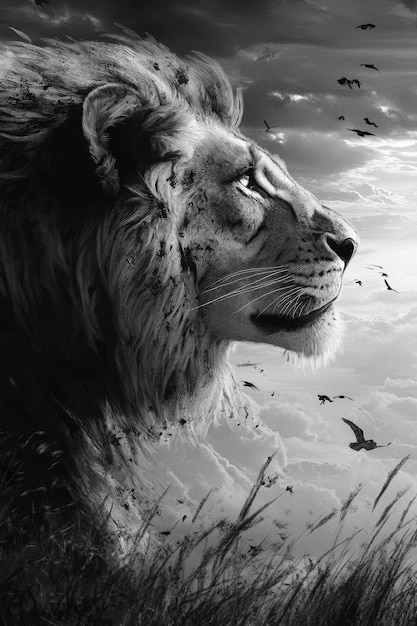 Photo lion in the wild black and white image of a male lion