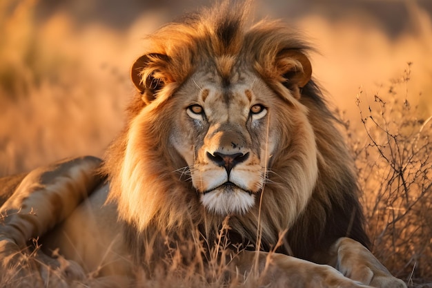 A lion in the wild is looking at the camera.