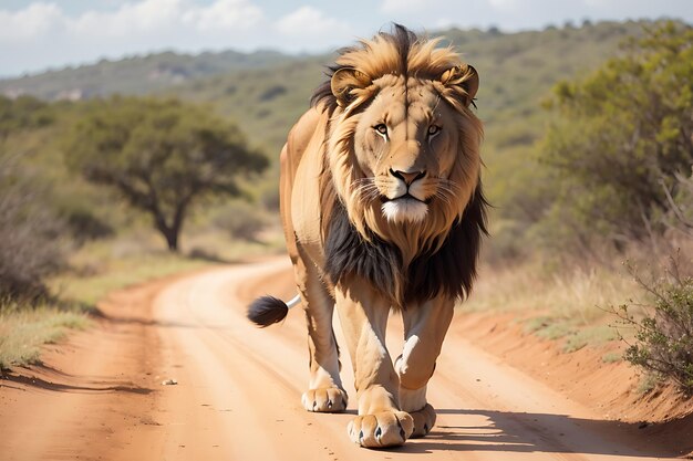 lion with a big mane is standing