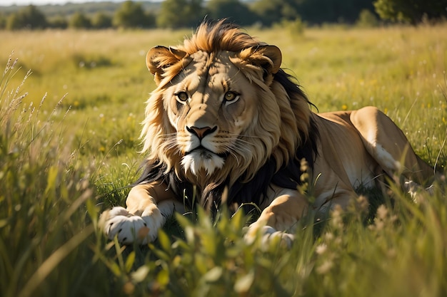 lion with a big mane is standing