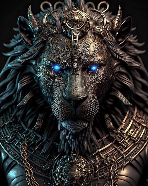 A lion with blue eyes and a golden crown