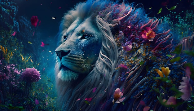 A lion with a blue mane and a rainbow mane