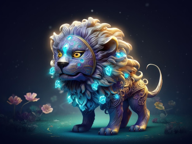 A lion with a blue mane and yellow eyes stands in front of flowers.